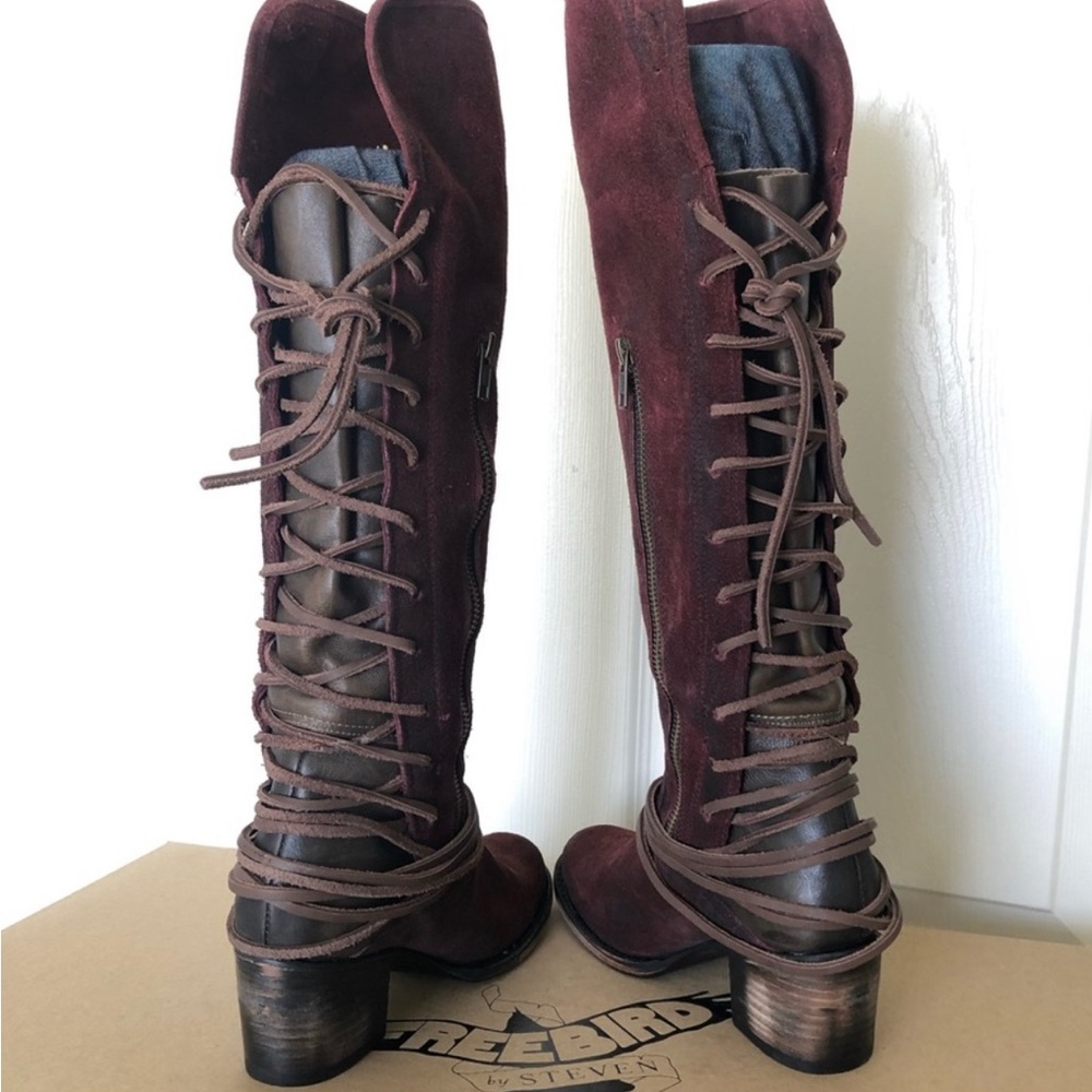 BNWB FREEBIRD WINE COAL TALL BOOTS SUEDE/LEATHER sz 7 - Picture 3 of 9